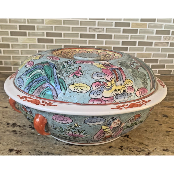 Rose Medallion Antique Chinese Porcelain Export Covered Serving Casserole Dish - Picture 3 of 15